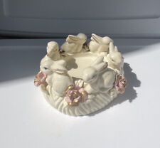 Ceramic Easter Bunnies Candleholder Pink Roses Gold tips Circular Vintage