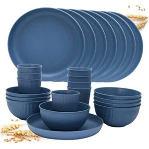 Wheat Straw Dinnerware Sets for 8, 24PCS Unbreakable Reusable Blue-24PCS - Picture 1 of 8