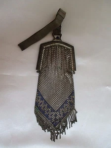 Vintage Mesh Evening Bag Art Deco Fringe Adjustable Slide Wrist Wrap Blue Design - Picture 1 of 11