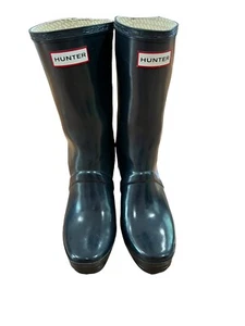 HUNTER Verbier Wedge Rain Boots Gloss Navy/Grey White Lace Up Back W23957 W7 - Picture 1 of 7