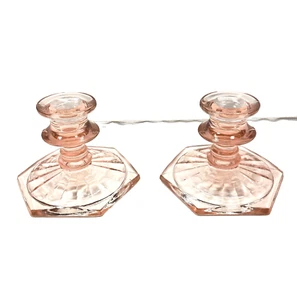 2 Vintage or Antique Elegant Pink Glass Hexagon Candlestick Holders Perfect - Picture 1 of 6