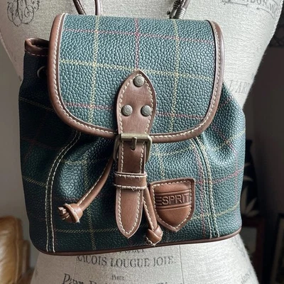 Vintage 90s Y2K ESPRIT Green Plaid Mini Backpack Dark Academia Grunge Preppy 8" - Image 1 of 4