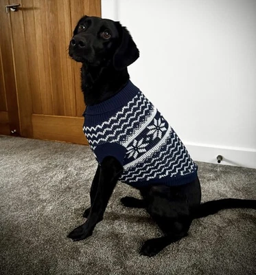 New Peggy’s Knitted Dog Jumper Christmas Snowflake - Navy Large 28cm Long Back - Image 1 of 3