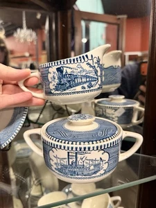 Vintage Currier and Ives Sugar Bowl With Lid Blue And White Steamboat And Train - Picture 1 of 10