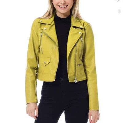 Love Tree Women’s Chartreuse Faux Leather Moto Jacket, Size Small Lime Color - Image 1 of 4