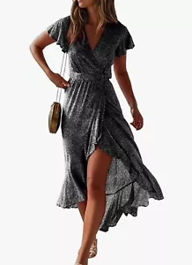 ZESICA Bohemian Floral Printed Wrap V Neck Short Sleeve Split Party Maxi Dress L - Picture 1 of 5