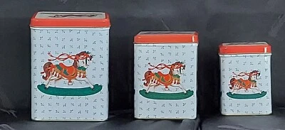 3 Christmas Decorative Cookie Candy Tins, Rocking Horse, Stackable Holiday Décor - Image 1 of 4