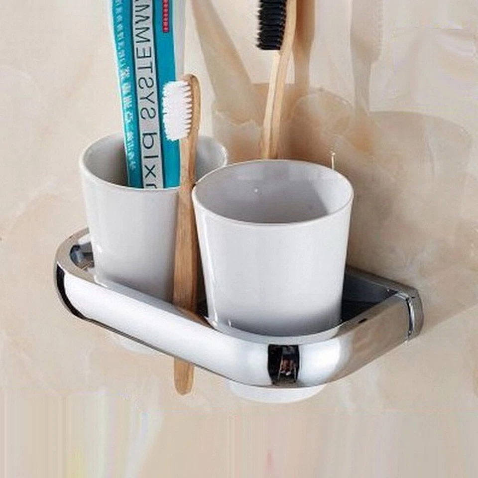 Polished Chrome Brass Toothbrush Holder with Dual Ceramic Cup Wall Mount eba836