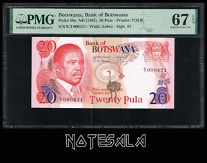 BOTSWANA 20 PULA ND 1982 P-10a PMG 67 EPQ Superb GEM UNC "Low serial" E/3 000421 - Picture 1 of 3