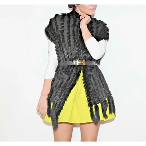 Black Knitted Wool Rabbit Fur Sleeveless Vest Fringe Sweater Size M - Picture 1 of 12