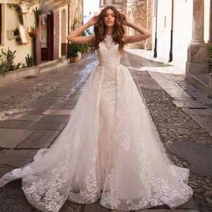 Luxury Detachable 2 In 1 Mermaid Wedding Dresses Lace Applique Bridal Gown Train - Picture 1 of 7