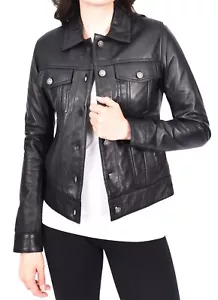 Womens Genuine Leather Trucker Jacket Black Soft Fitted Casual Style Zoey - Picture 1 of 72