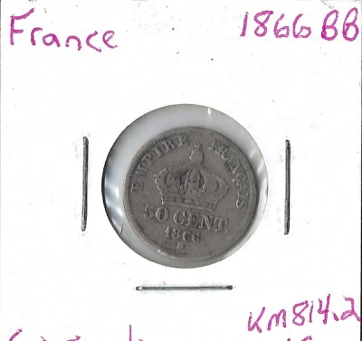 Moneda Francia (Napoleón III) 50 Céntimos 1866 BB KM814.2, plata Foto 1 de 3