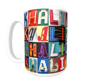 KHALID Kaffeebecher / Tasse mit dem Namen auf Fotos von Zeichenbuchstaben - Bild 1 von 3