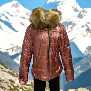Metallic Rose Gold Aofur Puffer Jacket L Faux Fur Hood Shiny Winter Warm Trendy - Picture 1 of 11