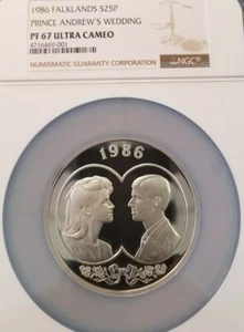 1986 FALKLAND ISLANDS SILVER 25P PRINCE ANDREW'S WEDDING NGC PF 67 ULTRA CAMEO - Picture 1 of 4