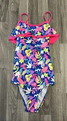 Traje de baño Lands' End niñas azul rosa floral con volantes espalda cruzada talla 12 delgado Foto 1 de 4