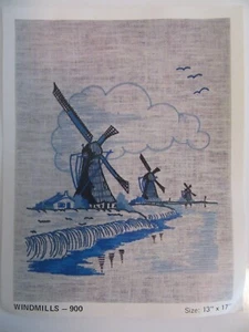 Blue Delft Windmills Crewel Embroidery Kit 13x17 Holland Dutch Landscape Scene - Picture 1 of 8