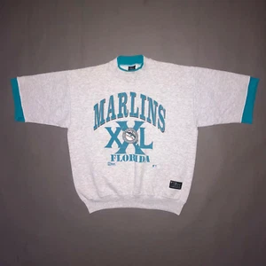 Vintage 90s FLORIDA MARLINS SHORT SLEEVE SWEATSHIRT Crew Neck T Shirt Salem M - Picture 1 of 8