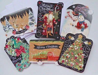 Tarjetas de notas de Navidad PUNCH STUDIO x6 ~ Negro vintage ~ Ciervo Santa Muñeco de nieve Pavo real Foto 1 de 4