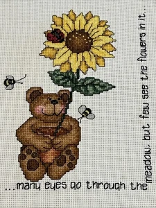 Vintage Completed Cross Stitch Teddy Bear Sunflower Honey Bees Emerson Quote - Picture 1 of 4