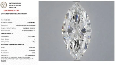 5.01 Marquise Lab Grown Diamond For Engagement Wedding Ring IGI Certify E VS2 - Image 1 of 4