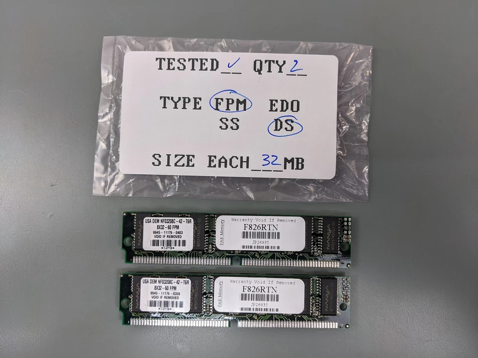 (2) PAR 32MB FPM SIMMs, 72-pin RAM Memory Sticks (64MB Total) F826RTN JP26835 - Image 1 of 3