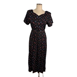 VTG 90's Erika Womens Size XL Black Floral Midi Dress Tie Waist Cottagecore - Picture 1 of 7