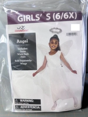 Girls Angel Costume Includes Dress Waist Sash Halo Size S Small 6/6X White - Image 1 of 2