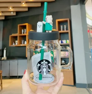Taza de vidrio China Starbucks 600 ml delantal verde taza de paja oso 16 OZ # - Imagen 1 de 7