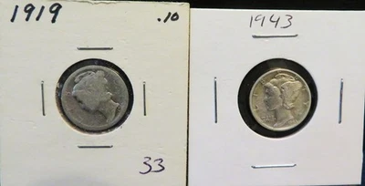 1919 & 1943 Silver Mercury Dimes 10c BOTH for one price - Image 1 of 2