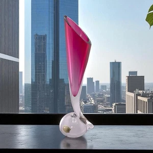 Jarrón de vidrio rosa arándano de colección firmado Val St Lambert Cornucopia etiqueta de vidrio artístico - Imagen 1 de 18