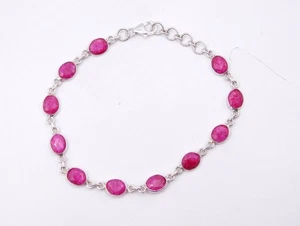 6.45 Gm 925 Sterling Silver Natural Ruby Cut Gemstone Bezel Bracelet Size 8.5" - Picture 1 of 4