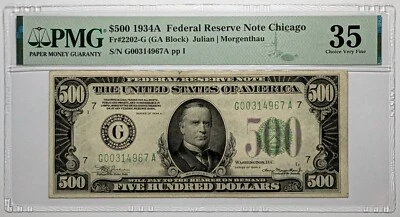 1934A $500 Federal Reserve Note Chicago Fr#2202-G PMG Ch VF 35 - Image 1 of 3