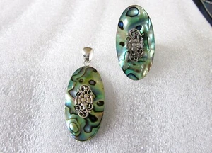 Juego de anillos y colgantes de abulón / anillos talla 6,5 / plata esterlina 925 - Imagen 1 de 6