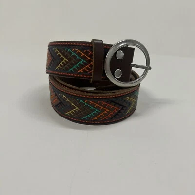 Lucky Brand Embroidered Belt Brown Leather Boho Hippie Chic Round Buckle Sz L - Image 1 of 4