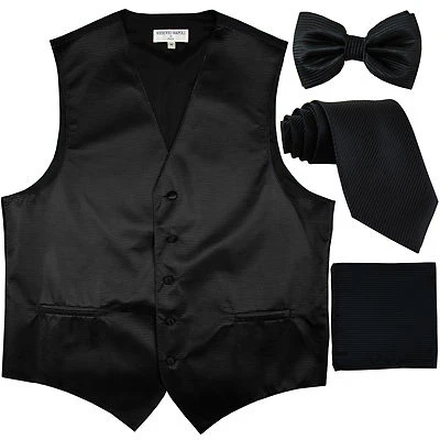 New Men's stripes Tuxedo Vest Waistcoat & necktie & Bow tie & Hankie Black prom - Image 1 of 4