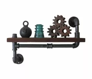 Estantería de madera con soporte de montaje de tubería de acero crudo industrial de metal estilo - Imagen 1 de 3