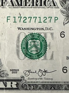 QUAD in 2013 $1 Dollar Bill, UNIQUE SERIAL NUMBER F 17 27 71 27 P - VCAUC027 - Picture 1 of 11