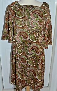 Vintage Dress 70's  Nylon Multi Color Paisley Empire Waist Bell Sleeve  Size 11
