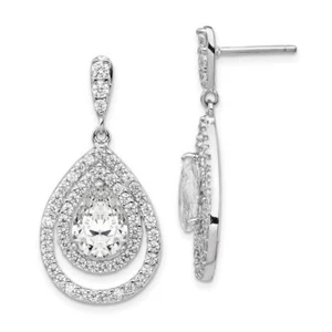 925 Sterling Silver Pear CZ Double Halo Post Dangle Earrings - Picture 1 of 4