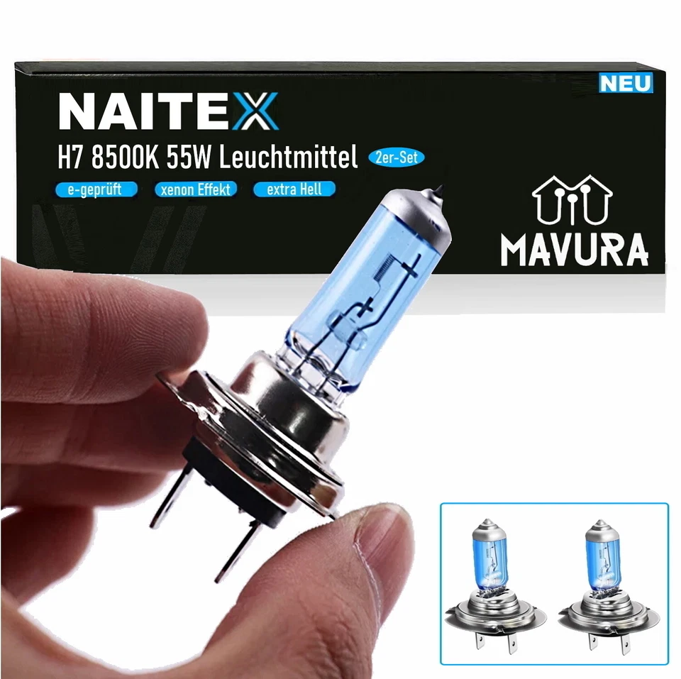 NAITEX SUPER WHITE H7 8500K 55W HALOGEN LAMPEN XENON LOOK EFFEKT BIRNEN LEUCHTEN - Bild 1 von 4