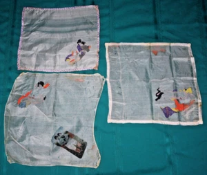 Vtg Lot 3 JAPAN Silk (like?) HANDKERCHIEFS Painted/Print EROTIC Art Kamu Sutra - Picture 1 of 12