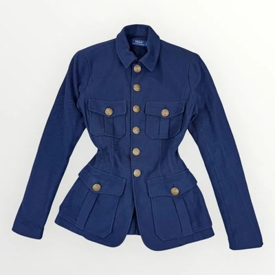 RARE Polo RALPH LAUREN Womens Twill Navy Army Blazer Gold Buttons Front Pockets - Image 1 of 4