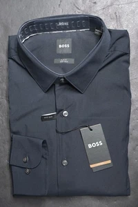 Hugo Boss Mens Hank Kent Slim Fit Navy Blue Easy Iron Cotton Dress Shirt 38 15 - Picture 1 of 8