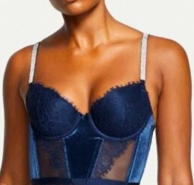 Victorias Secret Corset Top Sz 34B Blue Velvet Lace Corset Blinged Straps NWT - Image 1 of 4