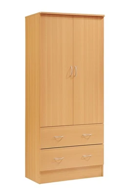 2 Door Wood Wardrobe Bedroom Closet with Clothing Rod inside Cabinet and 2 Dr... - Image 1 of 4