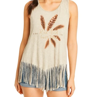 Maurices Boho Fringe Tank Top Plus 1 Run Wild Live Free Feather Graphic Beige - Image 1 of 4