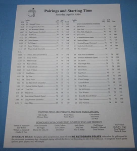 Pairings and Start Time Sheet ~ Masters Golf Tournament Saturday April 9, 1994 - Picture 1 of 3