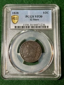 Medio centavo cabeza clásica 1828 12 estrellas - graduación profesional VF30 - cobre temprano - detalles fuertes - Imagen 1 de 4